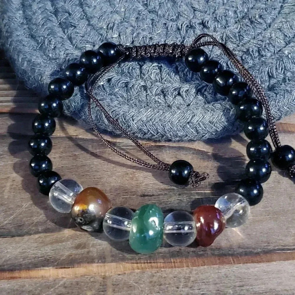 Hand Crafted Jewelry - Hand Craft Tibetan Green Red Agate Black Beads Healing Energy Gemstone Bracelet